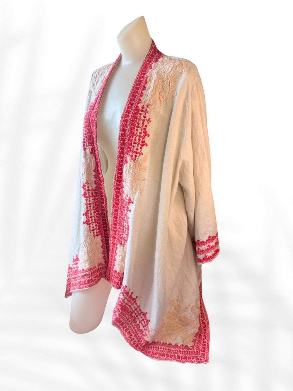 Johnny Was Embroidered Kimono Cardigan Boho Linen Blend Red Cream XL